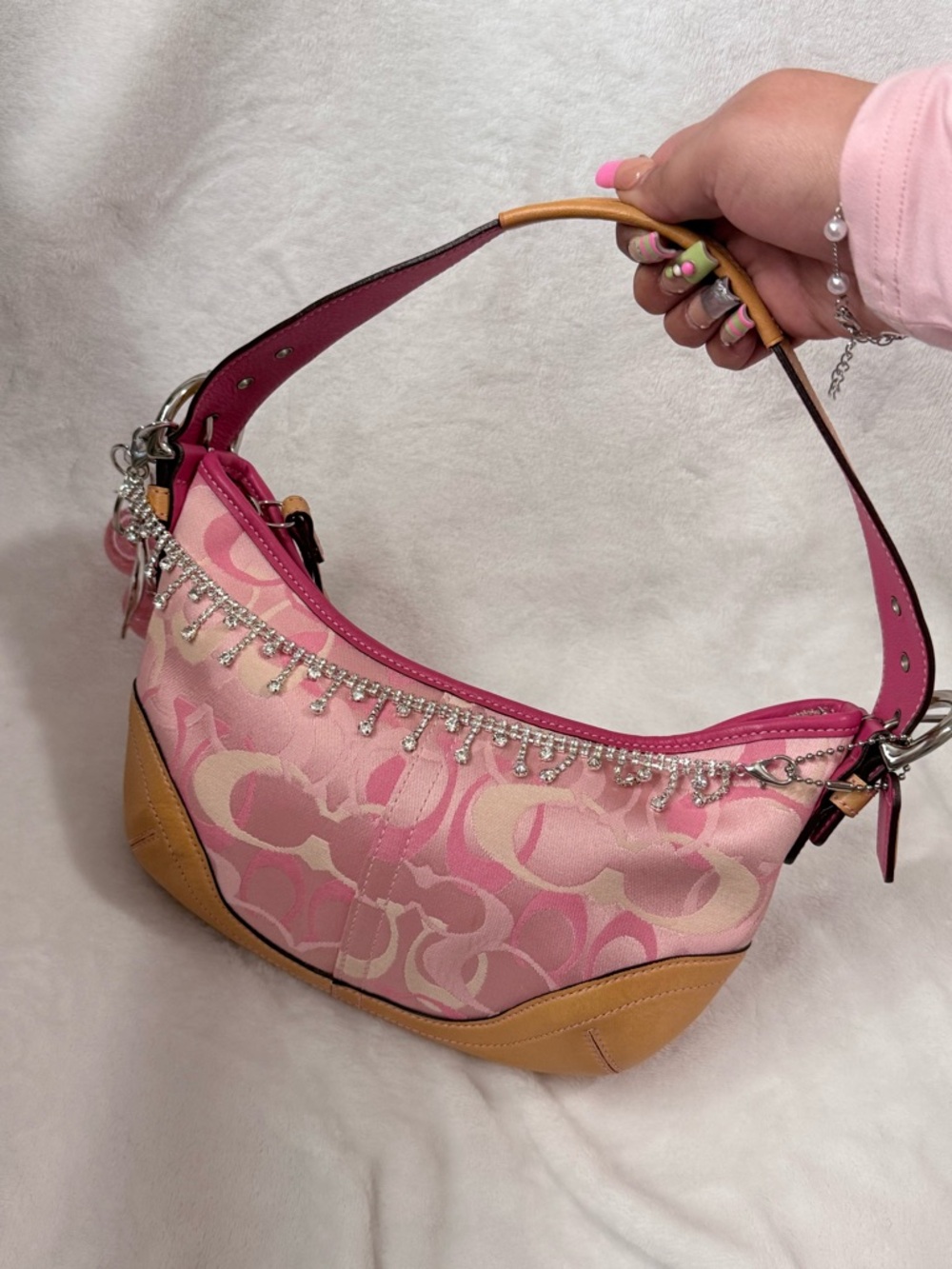Pink Coach Rare Signature Print Shoulder Bag with Crystal Trim - Picture 2 of 8